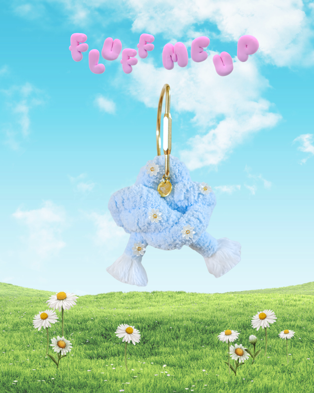 Teddy Ethereal bag charm — soft fluffy plush teddy bear in pastel tones with gold-tone clasp and hardware.