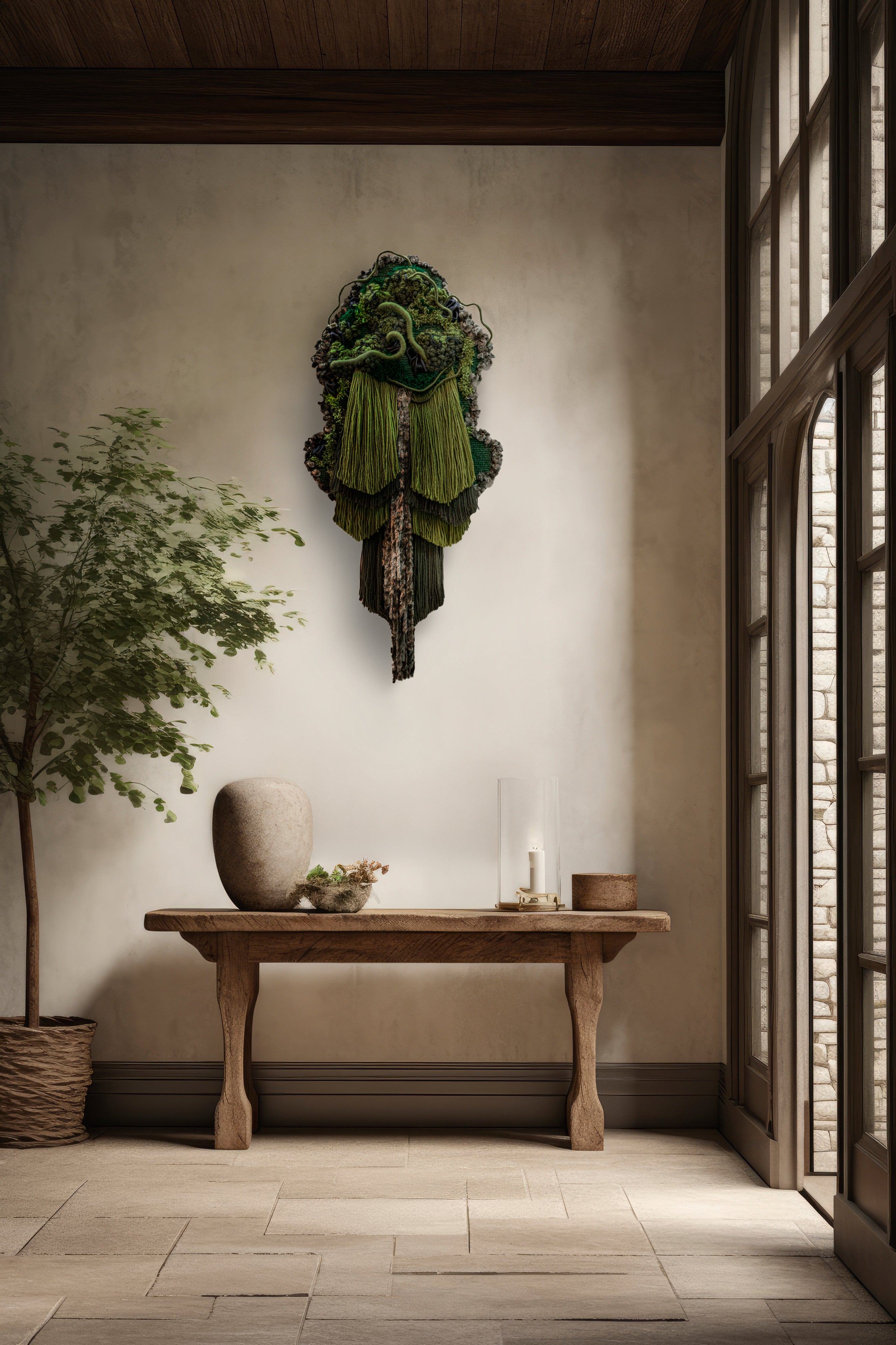 Handmade fibre art ‘Repose’: textured green yarn woven with repurposed leather trimmings, evoking a serene pine forest