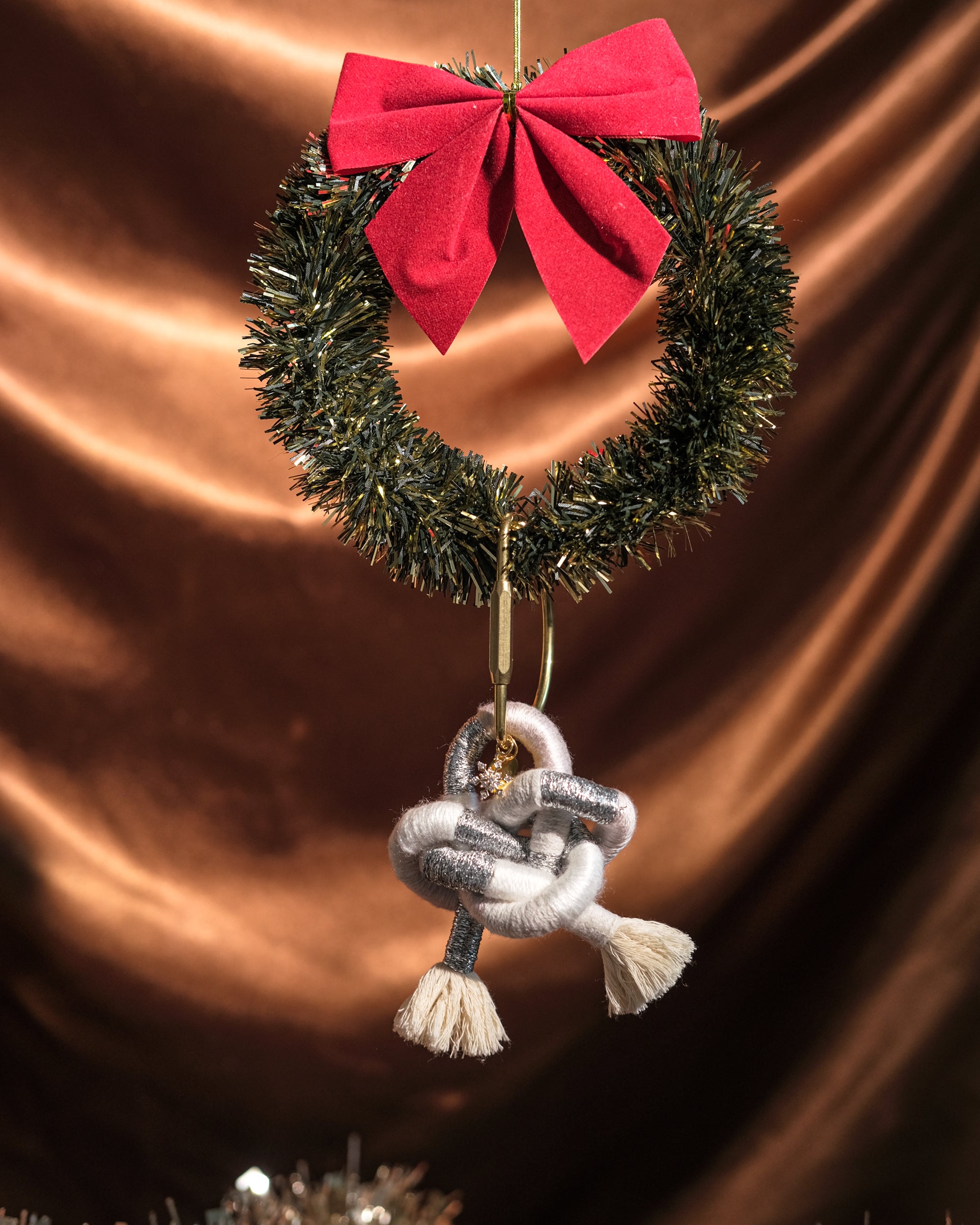 Premium handmade bag charm Snow Angel Ethereal with mixed materials and snowflake pendant.