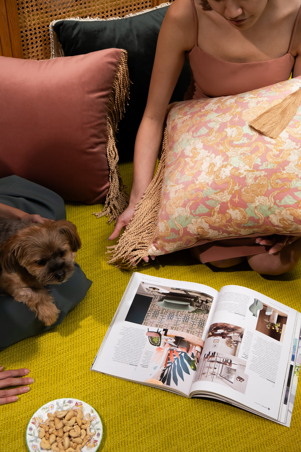 Angle shot of Dragon Dreams decorative pillow: bold dragon motif, plush velvet at the back, and draping silky tassels.