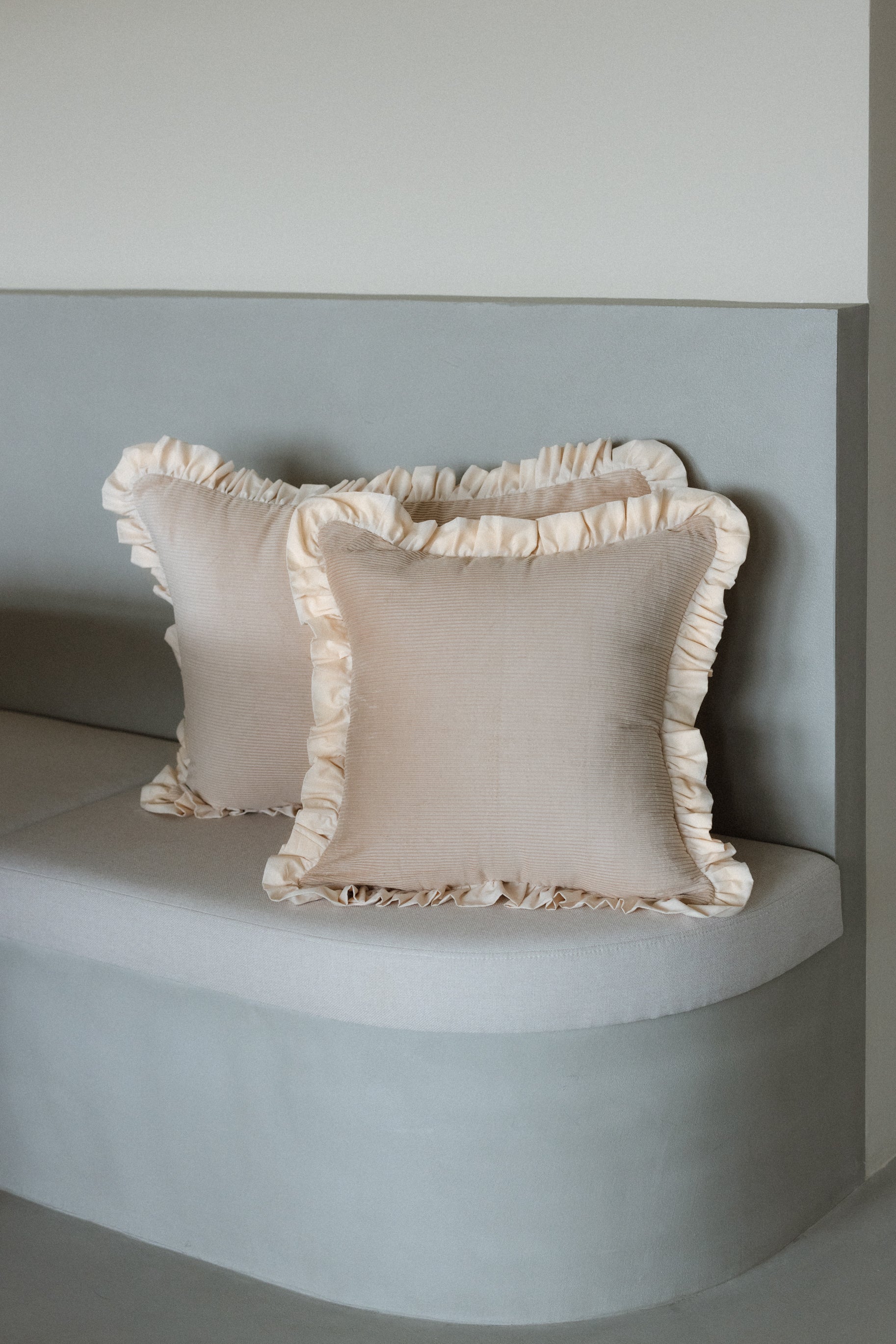 Gentle Touch light peach decorative throw cushion — handmade corduroy accent pillow.