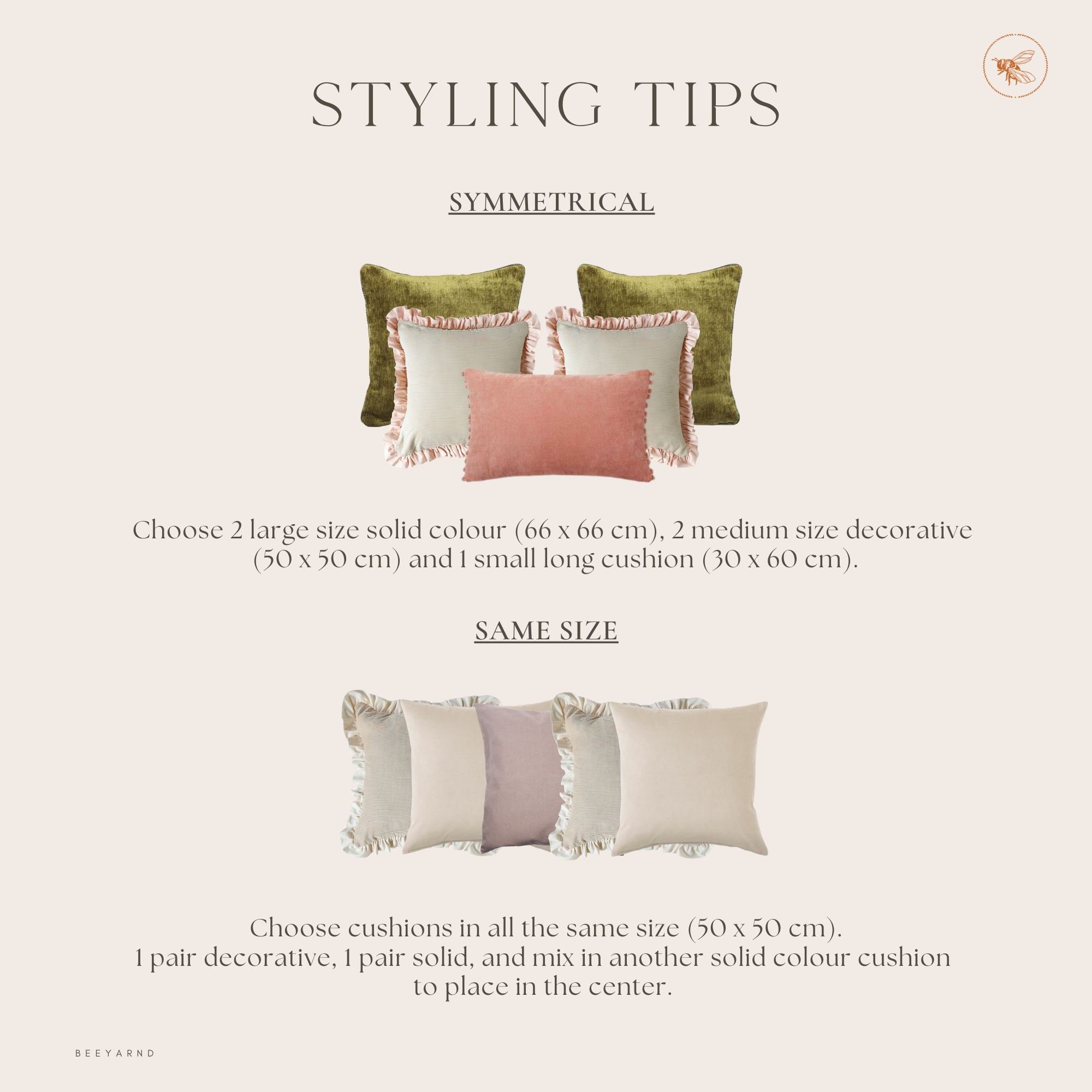 Gentle Touch light peach cushion styled with other cushions for layered textured home décor.