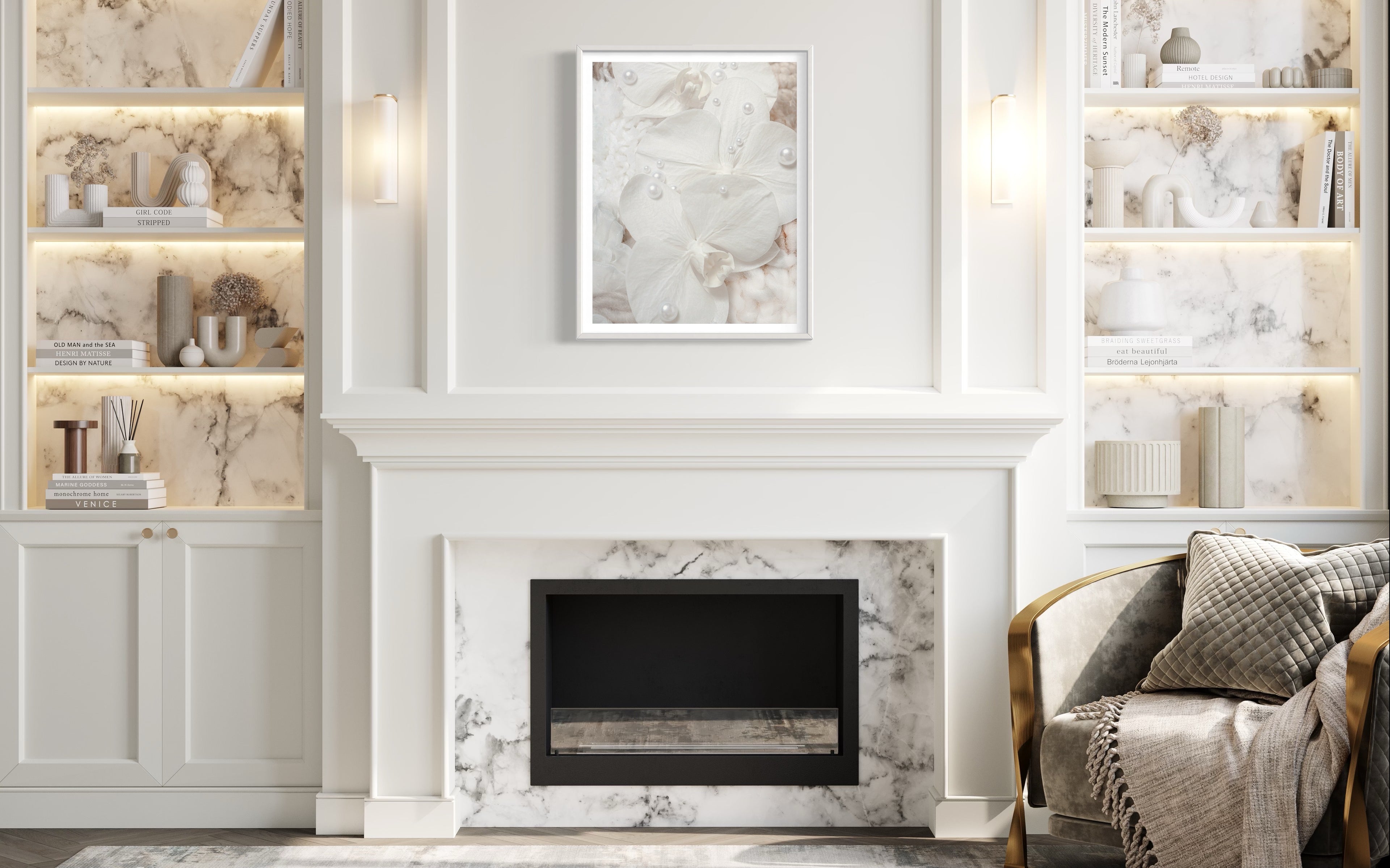 Decorative home décor sample featuring Sensory Fine Art Print N 2 above fire place.