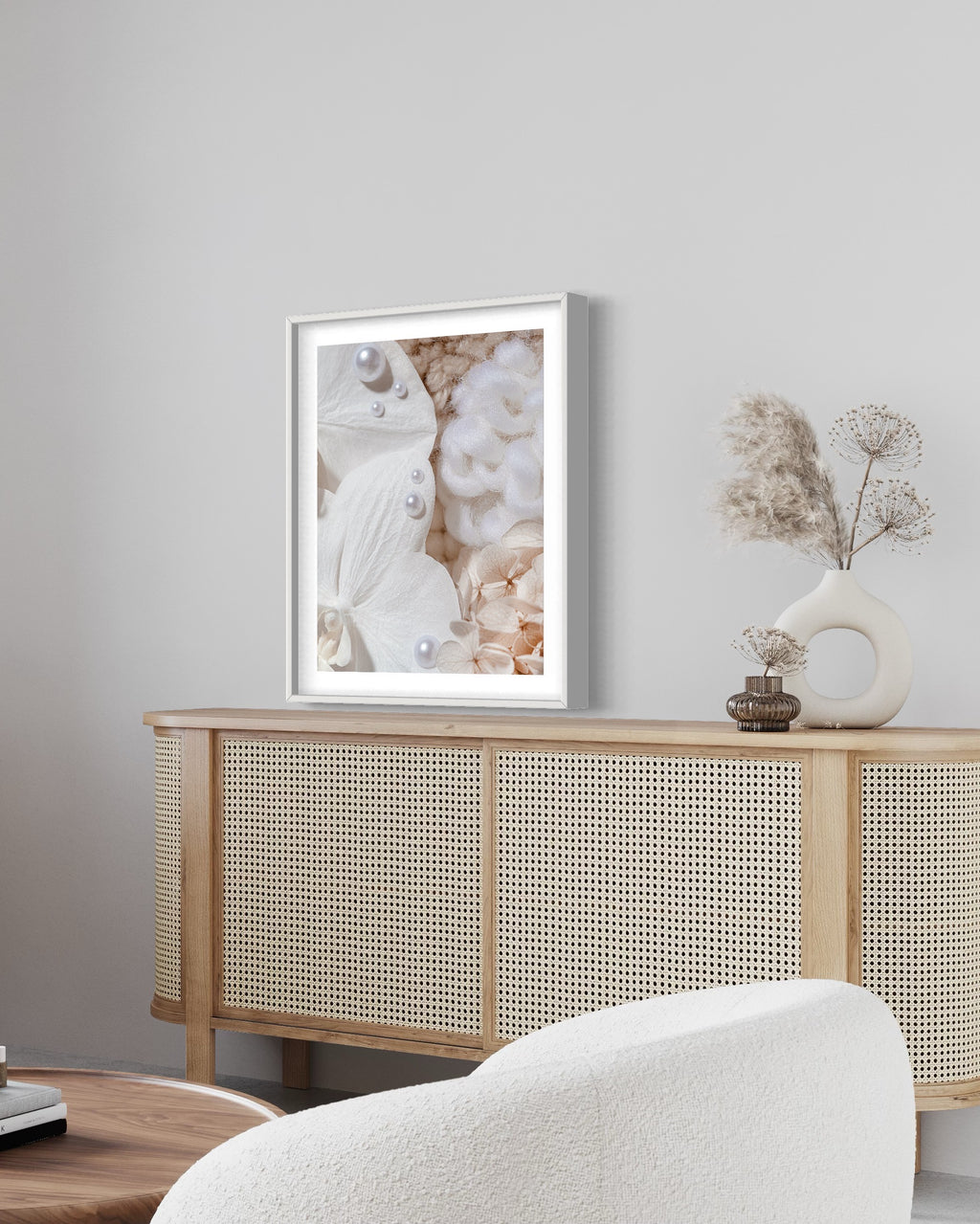 Framed Sensory Fine Art Print N 3 above console table in minimalist room | 装框感官艺术印刷品 N 3 — 极简房间的玄关桌上方